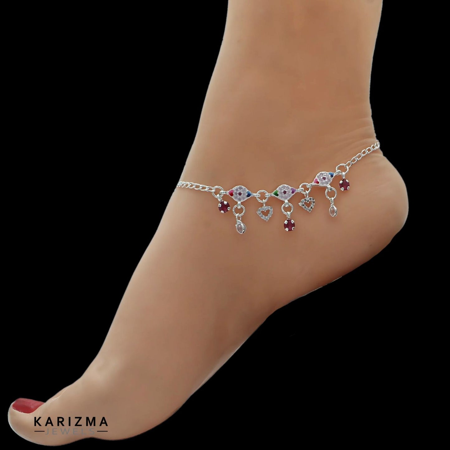 Real Sterling Silver women pink white CZ daily wear stylish Anklets Ankle Pair 10.3"