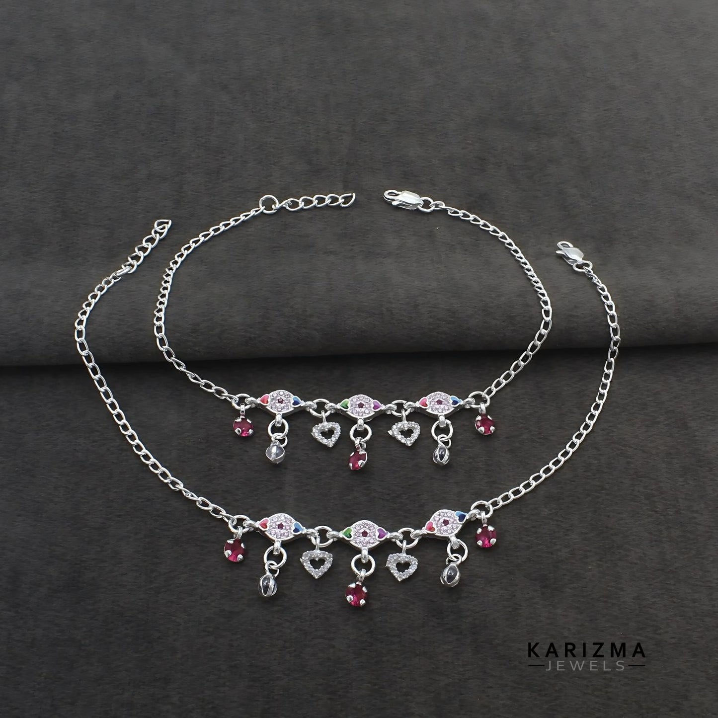 Real Sterling Silver women pink white CZ daily wear stylish Anklets Ankle Pair 10.3"