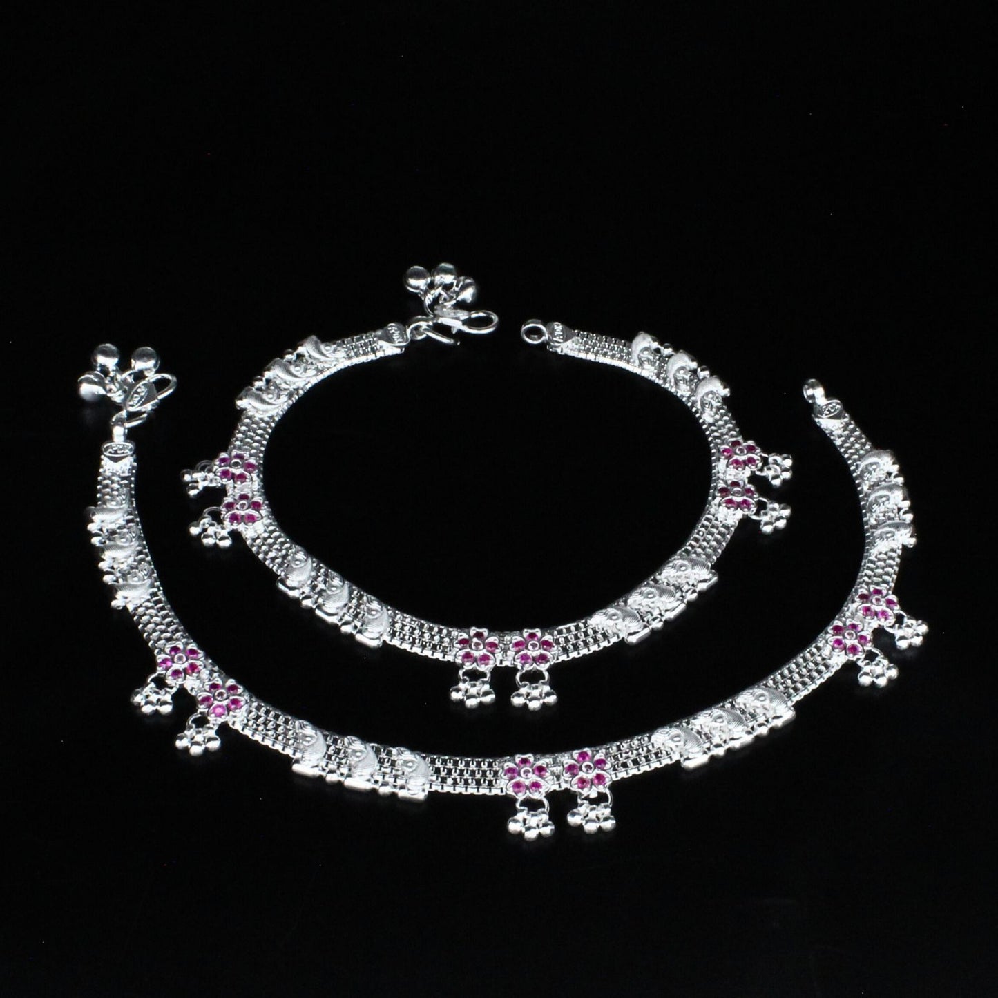 Real Sterling Silver women Pink CZ Stylish Anklet Ankle Pair 10.3"