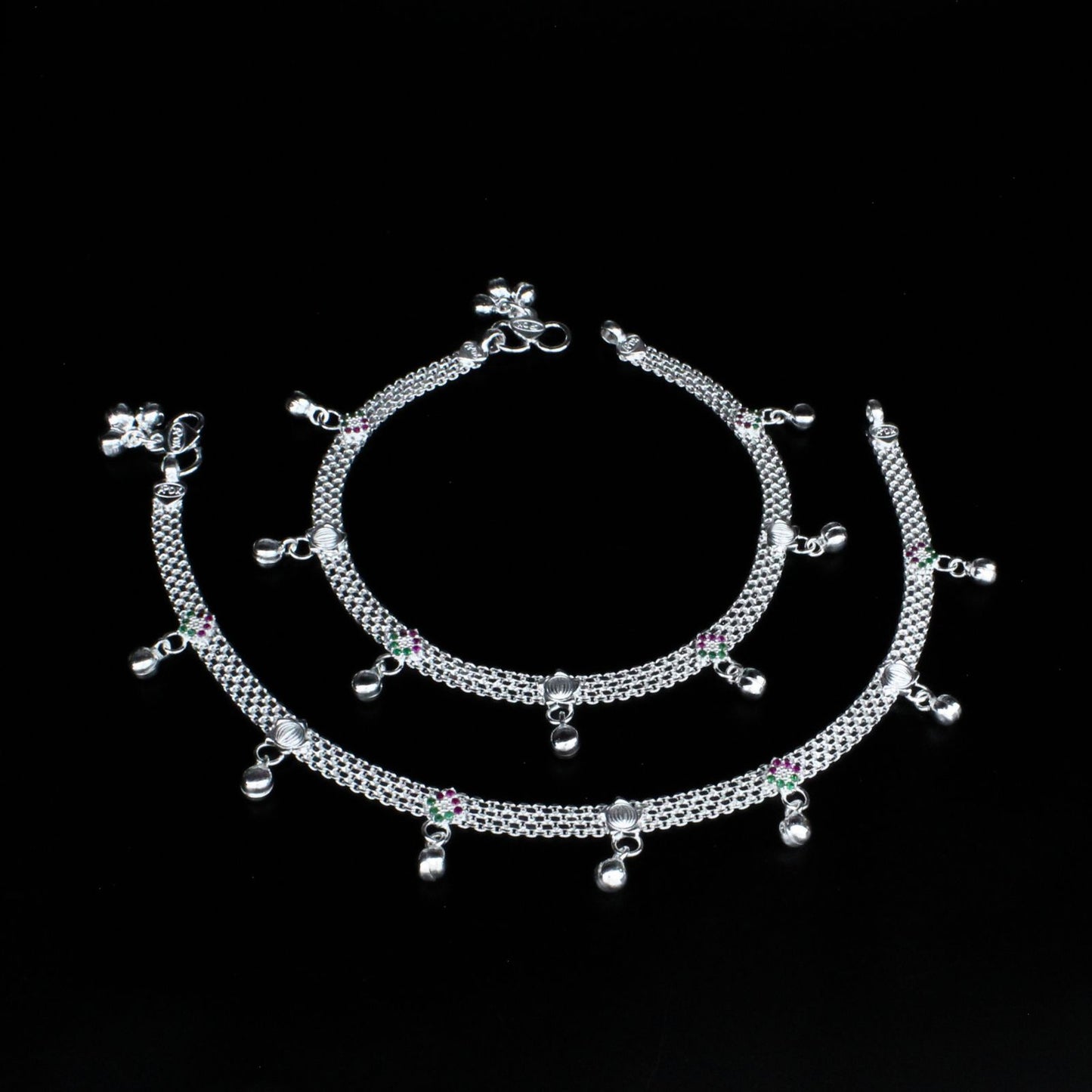 Real Sterling Silver women Green Pink CZ amazing Anklet Ankle Pair 10.3"