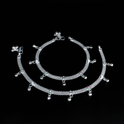 Real Sterling Silver women Green Pink CZ amazing Anklet Ankle Pair 10.3"