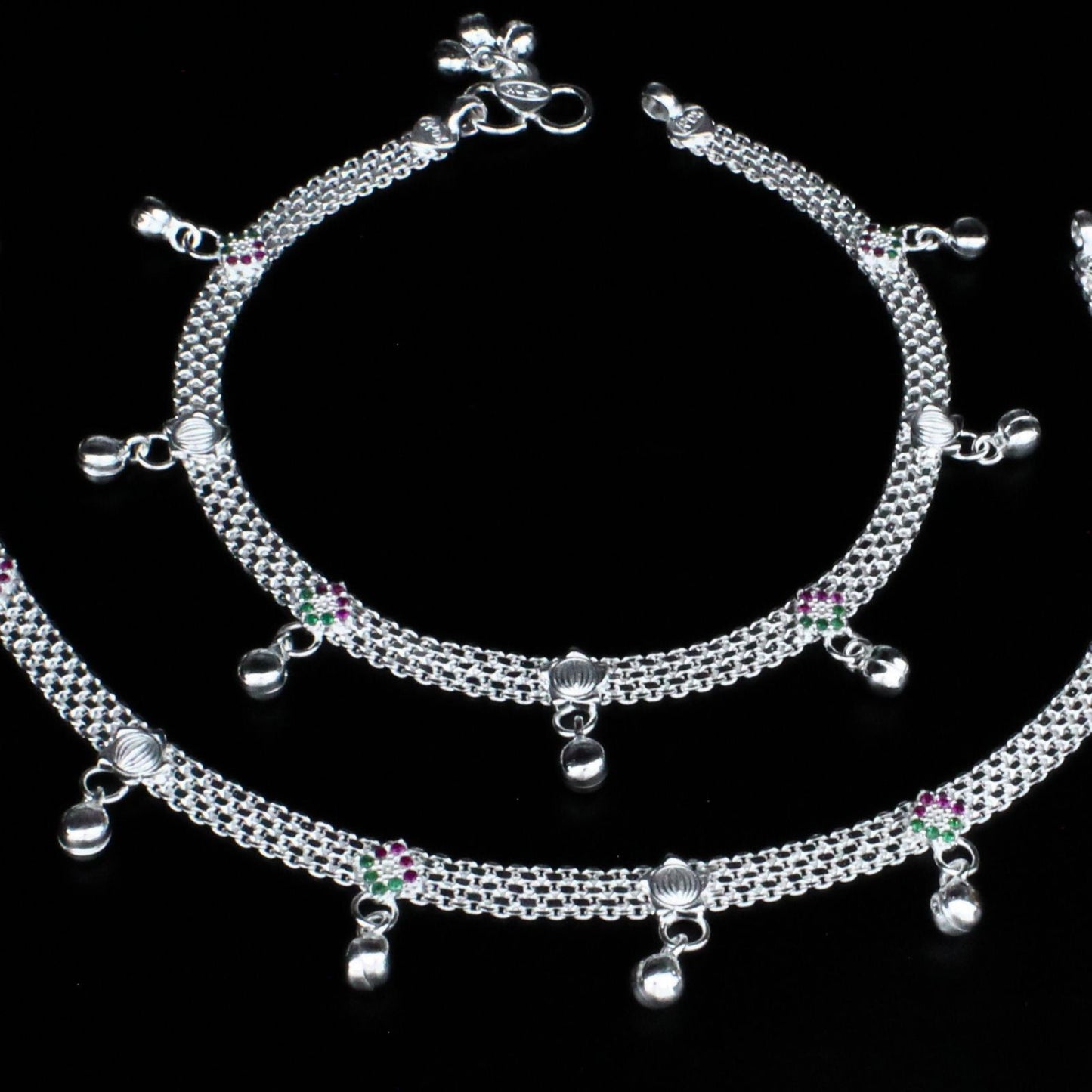 Real Sterling Silver women Green Pink CZ amazing Anklet Ankle Pair 10.3"