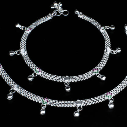 Real Sterling Silver women Green Pink CZ amazing Anklet Ankle Pair 10.3"