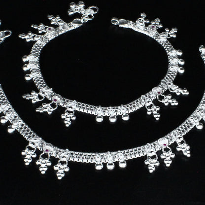 Real Sterling Silver women Pink CZ Best Anklet Ankle Pair 10.3"