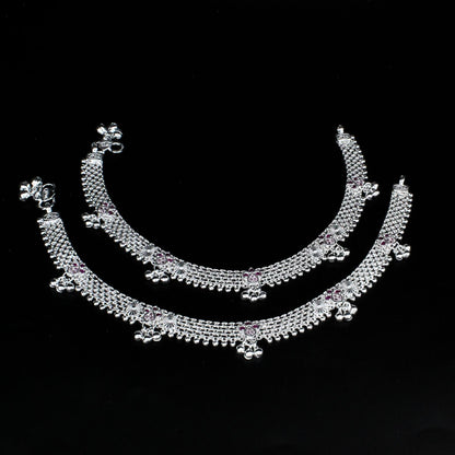 Real Sterling Silver women Pink CZ Excellent gifting Anklet Ankle Pair 10.3"