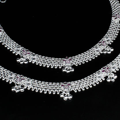 Real Sterling Silver women Pink CZ Excellent gifting Anklet Ankle Pair 10.3"