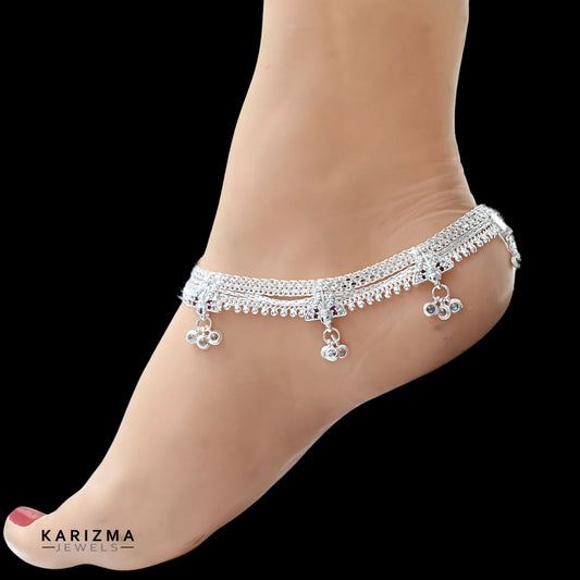 Real Sterling Silver heavy Bridal pajeb women Pink White CZ Anklet Ankle Pair 10.7"