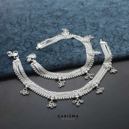 Real Sterling Silver heavy Bridal pajeb women Pink White CZ Anklet Ankle Pair 10.7"