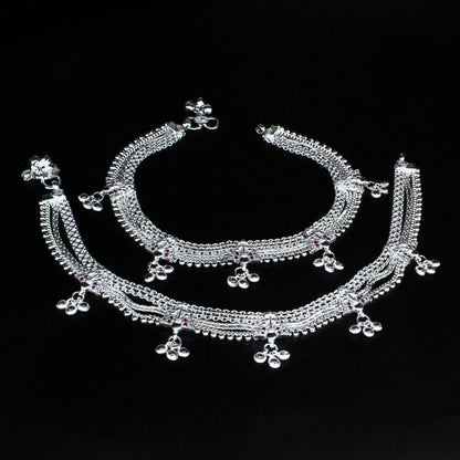 Real Sterling Silver heavy Bridal pajeb women Pink White CZ Anklet Ankle Pair 10.7"
