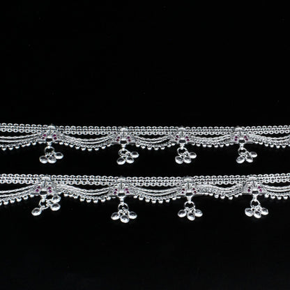 Real Sterling Silver heavy Bridal pajeb women Pink White CZ Anklet Ankle Pair 10.7"