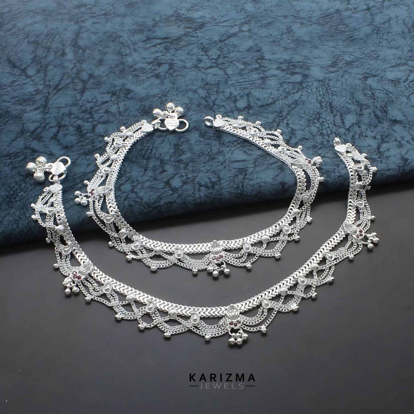 Real Sterling Silver women Pink CZ handmade Excellent Anklet Ankle Pair 10.3"