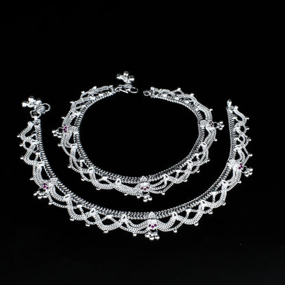 Real Sterling Silver women Pink CZ handmade Excellent Anklet Ankle Pair 10.3"