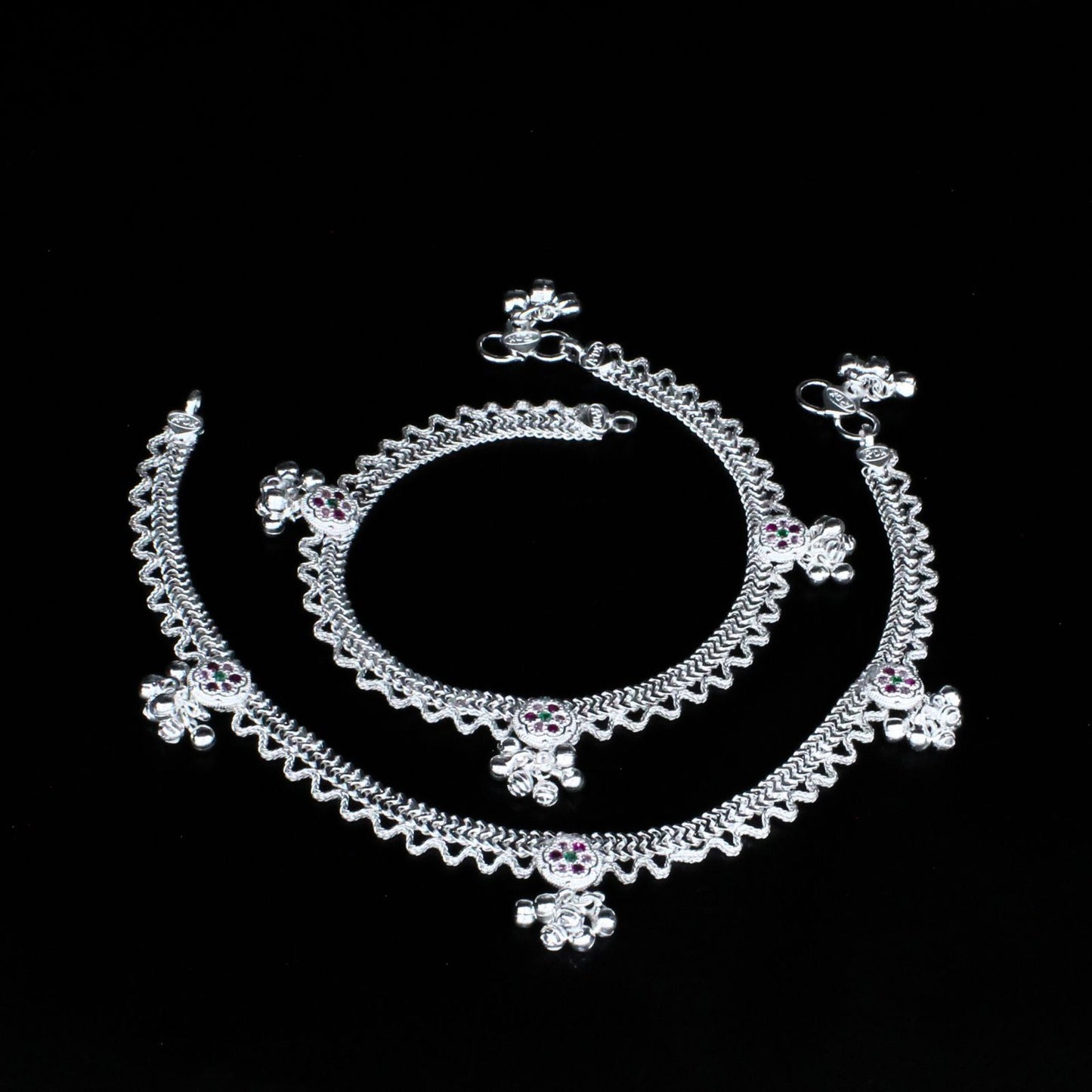 Real Sterling Silver women Multi CZ unique Anklet Ankle Pair 10.3"