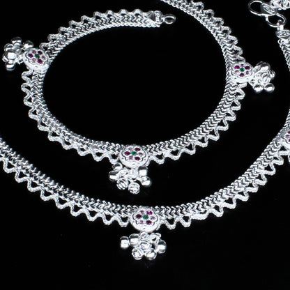 Real Sterling Silver women Multi CZ unique Anklet Ankle Pair 10.3"