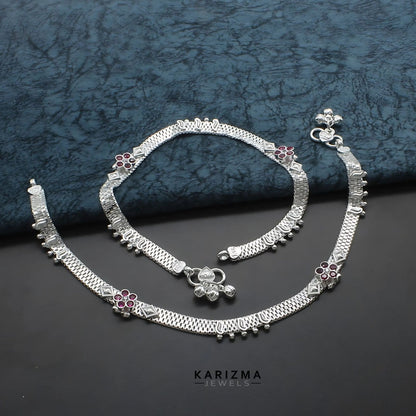 Real Sterling Silver women Pink White CZ Anklet Ankle Pair 10.3"