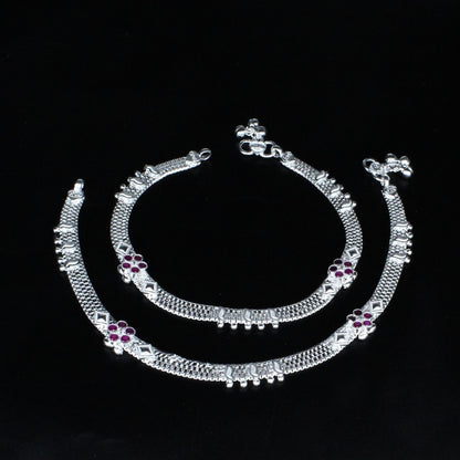 Real Sterling Silver women Pink White CZ Anklet Ankle Pair 10.3"