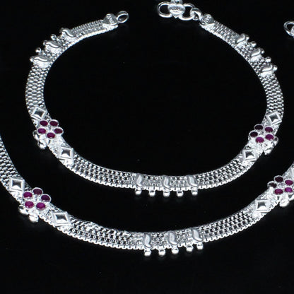 Real Sterling Silver women Pink White CZ Anklet Ankle Pair 10.3"
