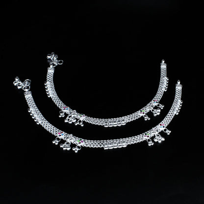 Traditional Real Sterling Silver women Pink CZ handmade Anklet Ankle Pair 10.4"