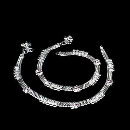 Real Sterling Silver women Pink CZ party wear Anklet Ankle Pair 10.3"