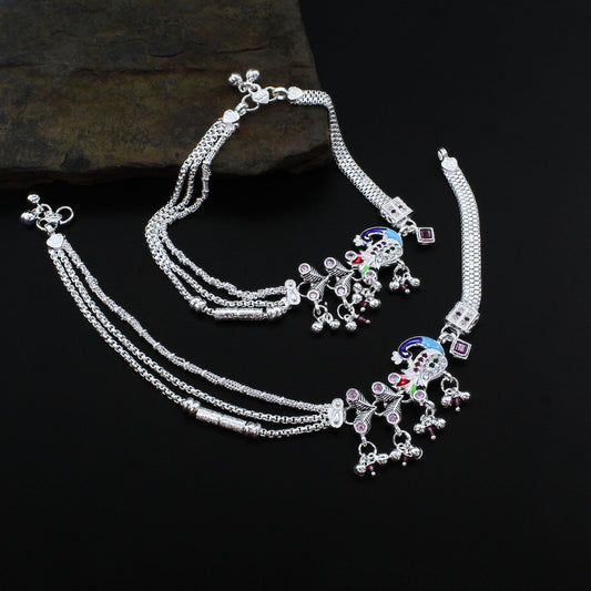 Traditional Real Silver CZ Peacock Style Anklets Ankle Pair 10.5"