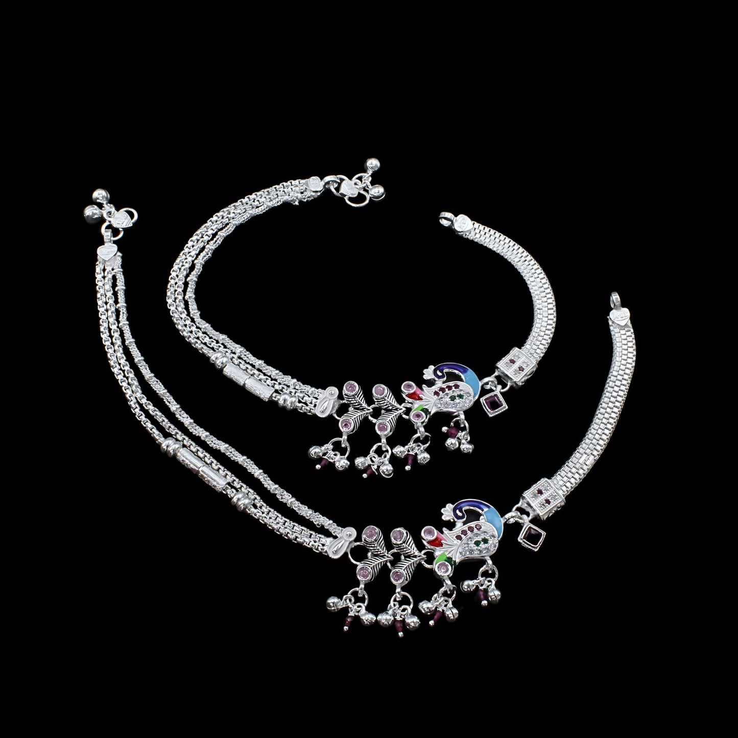 Traditional Real Silver CZ Peacock Style Anklets Ankle Pair 10.5"