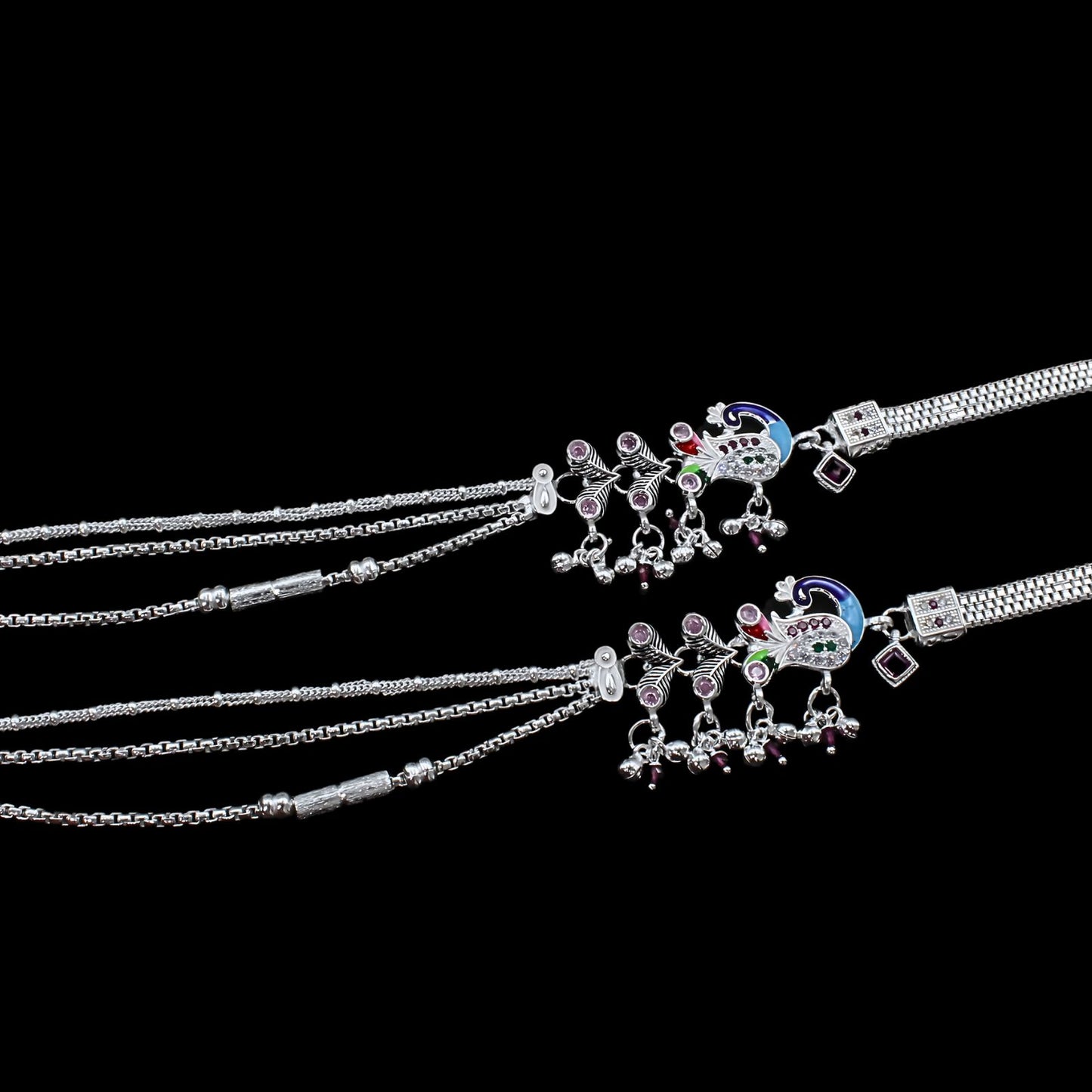 Traditional Real Silver CZ Peacock Style Anklets Ankle Pair 10.5"