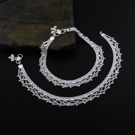 Real Silver Indian Women amazing Jhallar Anklets Ankle Pair 10.3"