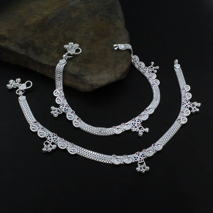 Real Silver Indian Women CZ party Wear Anklets Ankle Pair 10.3"