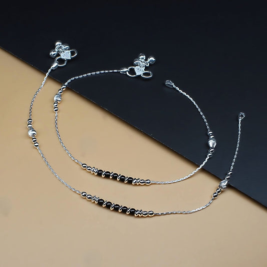 Sterling Silver Nazaria Anklets with Black Beads for Women Ankle Pair 10.3"