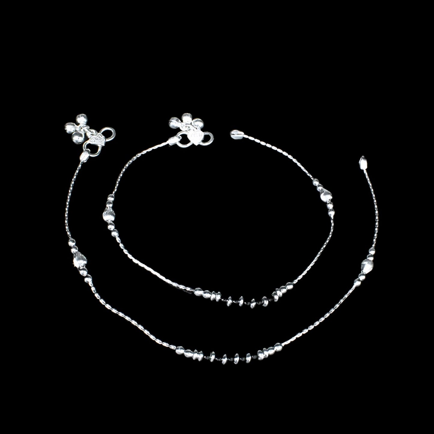 Sterling Silver Nazaria Anklets with Black Beads for Women Ankle Pair 10.3"