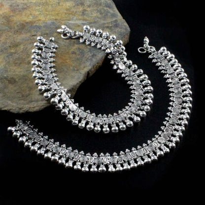 Real Silver Women Oxidized Anklets Ankle Pair 10.3"