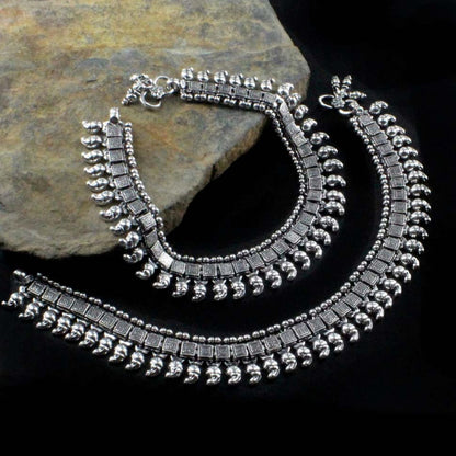 Real Silver Women brides collection Oxidized Anklets Ankle Pair 10.5"