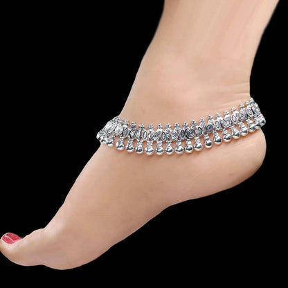 Real Silver Women Oxidized Anklets Ankle Pair 10.3"