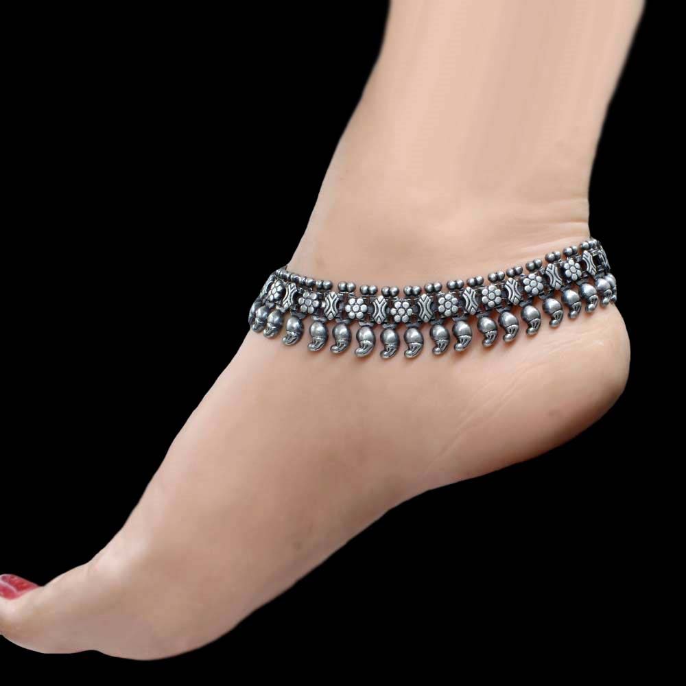 Real Silver Bridal Women Oxidized Anklets Ankle Pair 10.3"