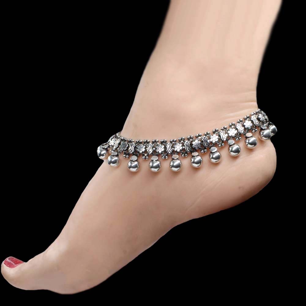 Real Silver Bridal Women Oxidized Anklets Ankle Pair 10.5"