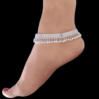 Real Silver Cultural Design Women Jhanjhar Pink CZ Anklet – Pair 10 inch