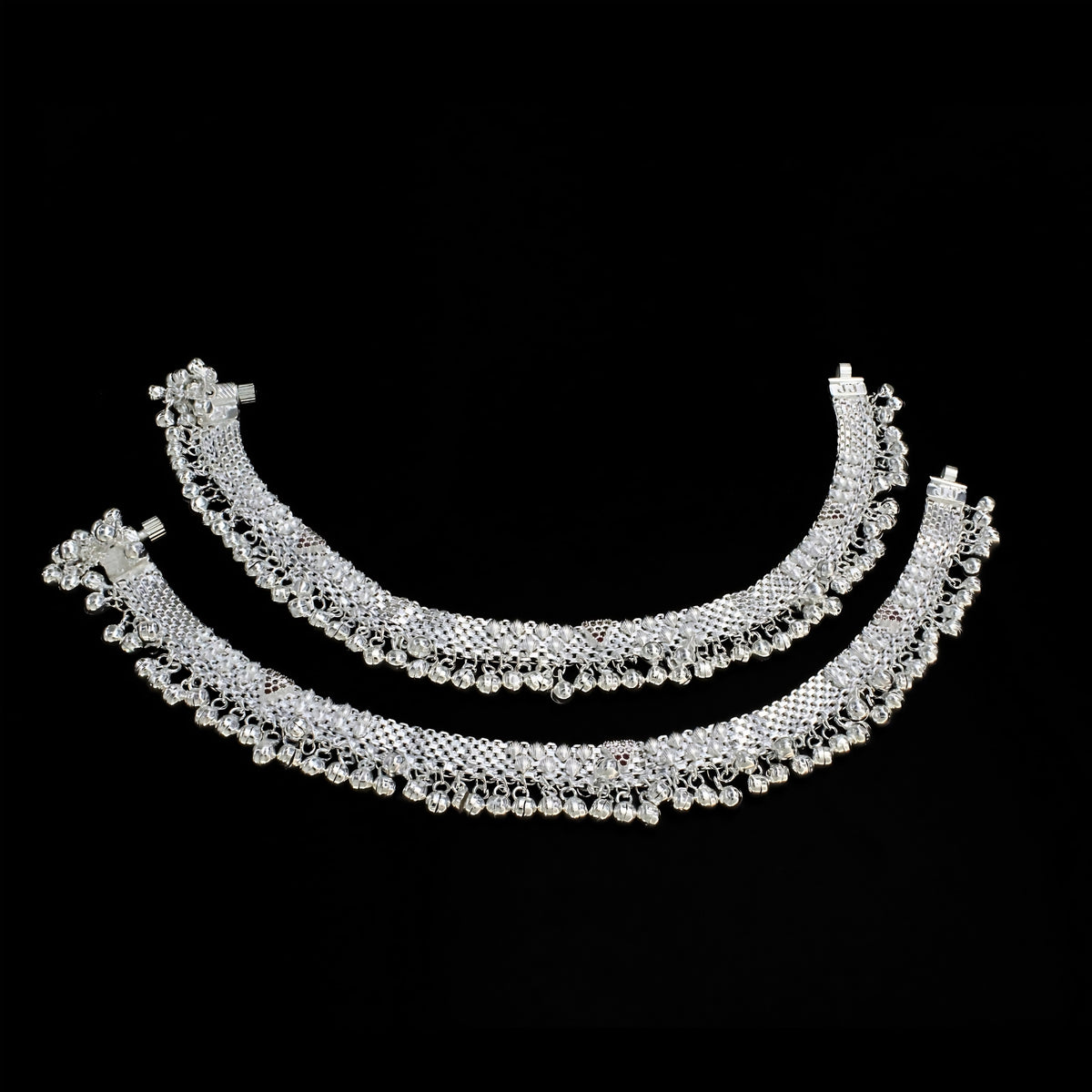 Real Silver Cultural Design Women Jhanjhar Pink CZ Anklet – Pair 10 inch
