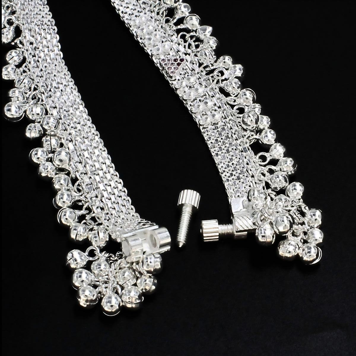 Real Silver Cultural Design Women Jhanjhar Pink CZ Anklet – Pair 10 inch