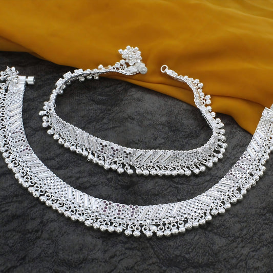 Real Silver Jhallar Pattern Women Bridal Pink CZ Anklet – Pair