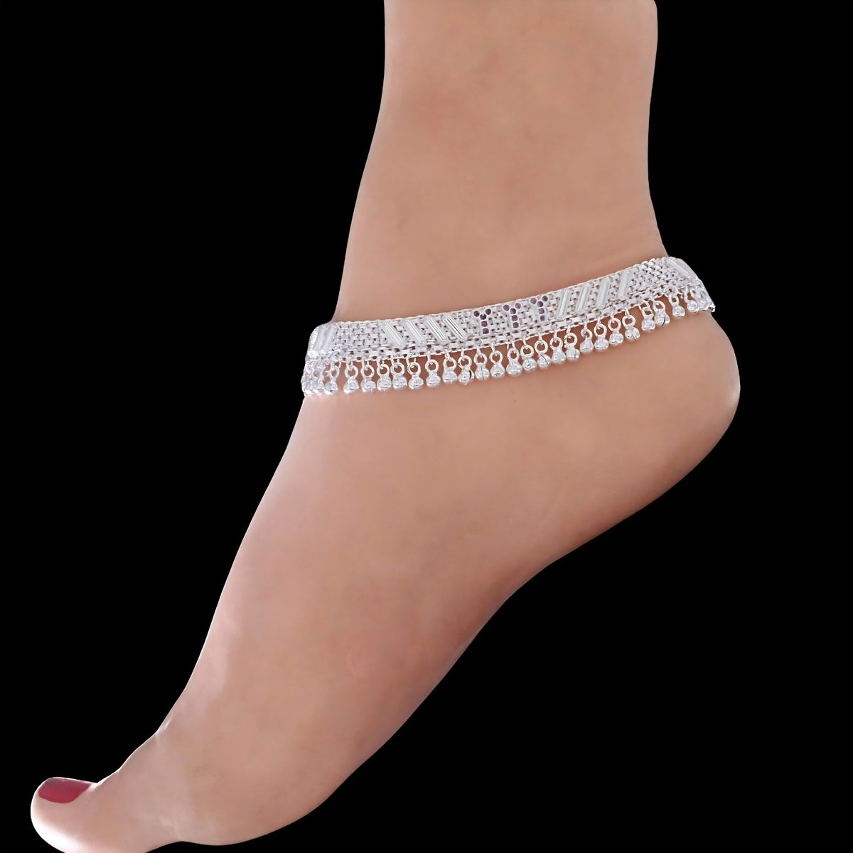 Real Silver Jhallar Pattern Women Bridal Pink CZ Anklet – Pair