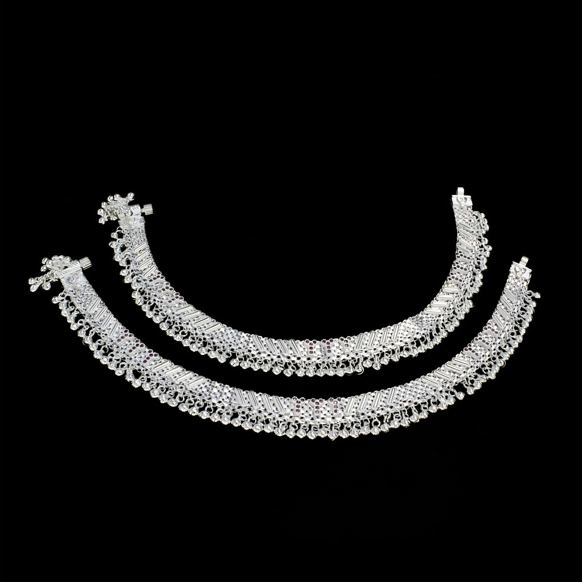 Real Silver Jhallar Pattern Women Bridal Pink CZ Anklet – Pair