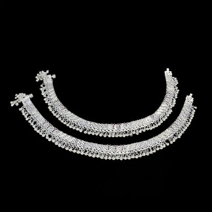Real Silver Jhallar Pattern Women Bridal Pink CZ Anklet – Pair