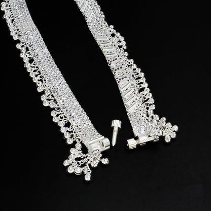 Real Silver Jhallar Pattern Women Bridal Pink CZ Anklet – Pair