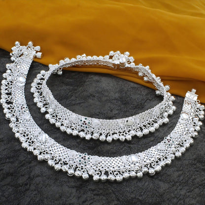 Real Silver Blue Pink CZ Women Bridal Heavy Ghungroo Pajeb Anklet – Pair