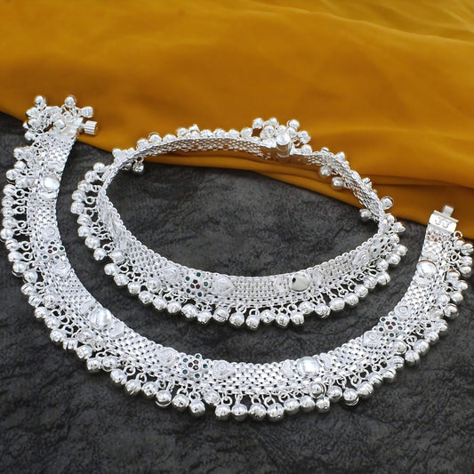 Real Silver Blue Pink CZ Women Bridal Heavy Ghungroo Pajeb Anklet – Pair