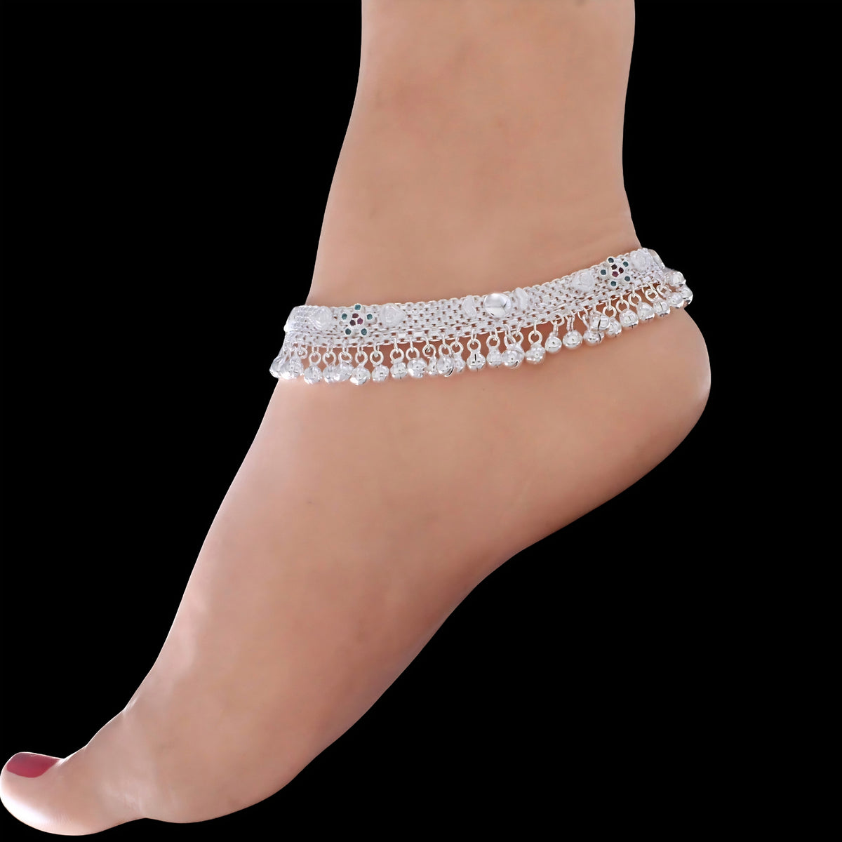 Real Silver Blue Pink CZ Women Bridal Heavy Ghungroo Pajeb Anklet – Pair