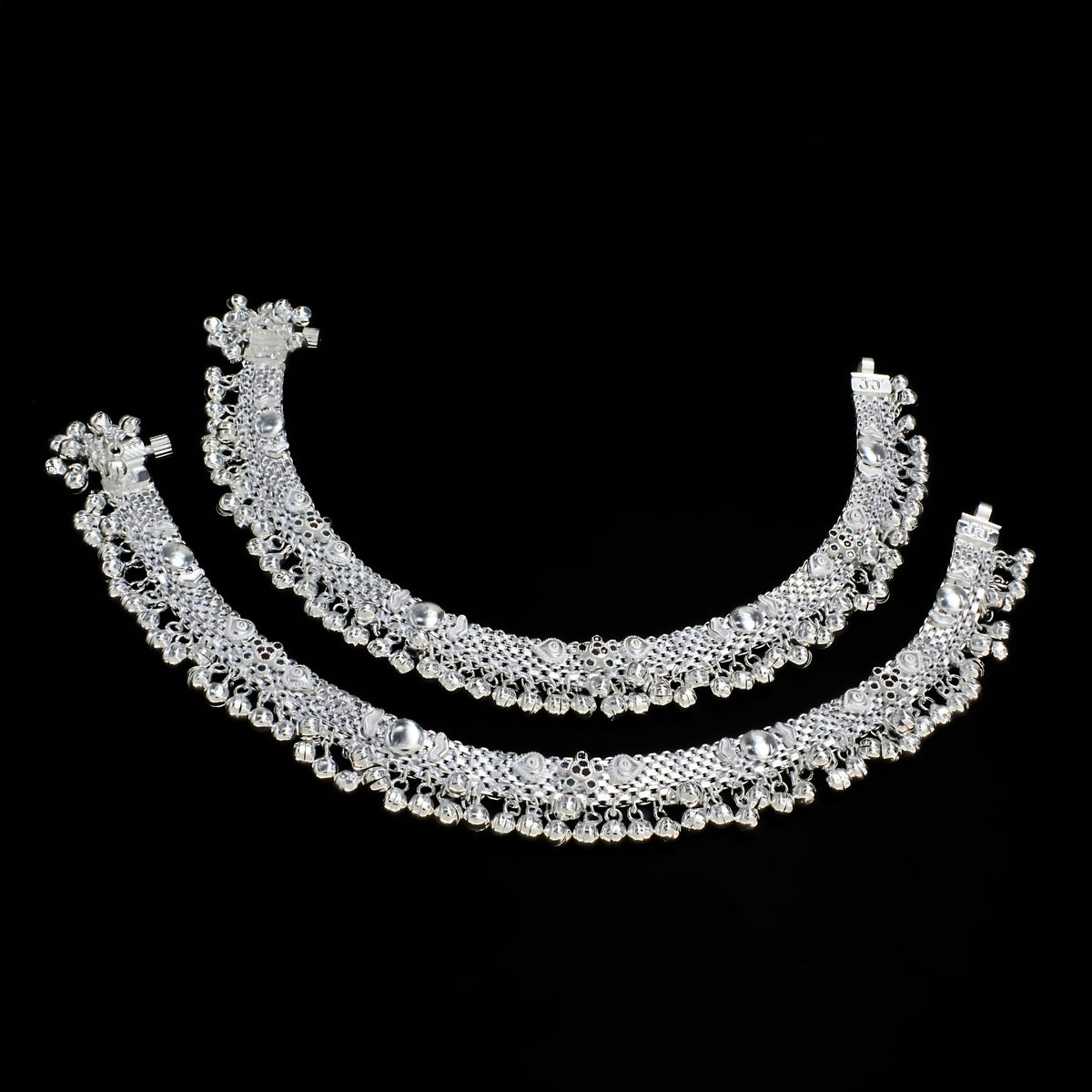 Real Silver Blue Pink CZ Women Bridal Heavy Ghungroo Pajeb Anklet – Pair