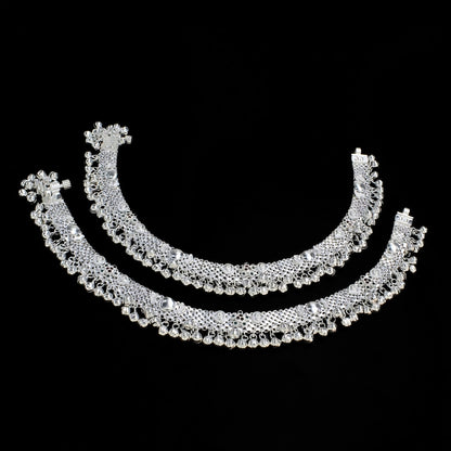 Real Silver Blue Pink CZ Women Bridal Heavy Ghungroo Pajeb Anklet – Pair