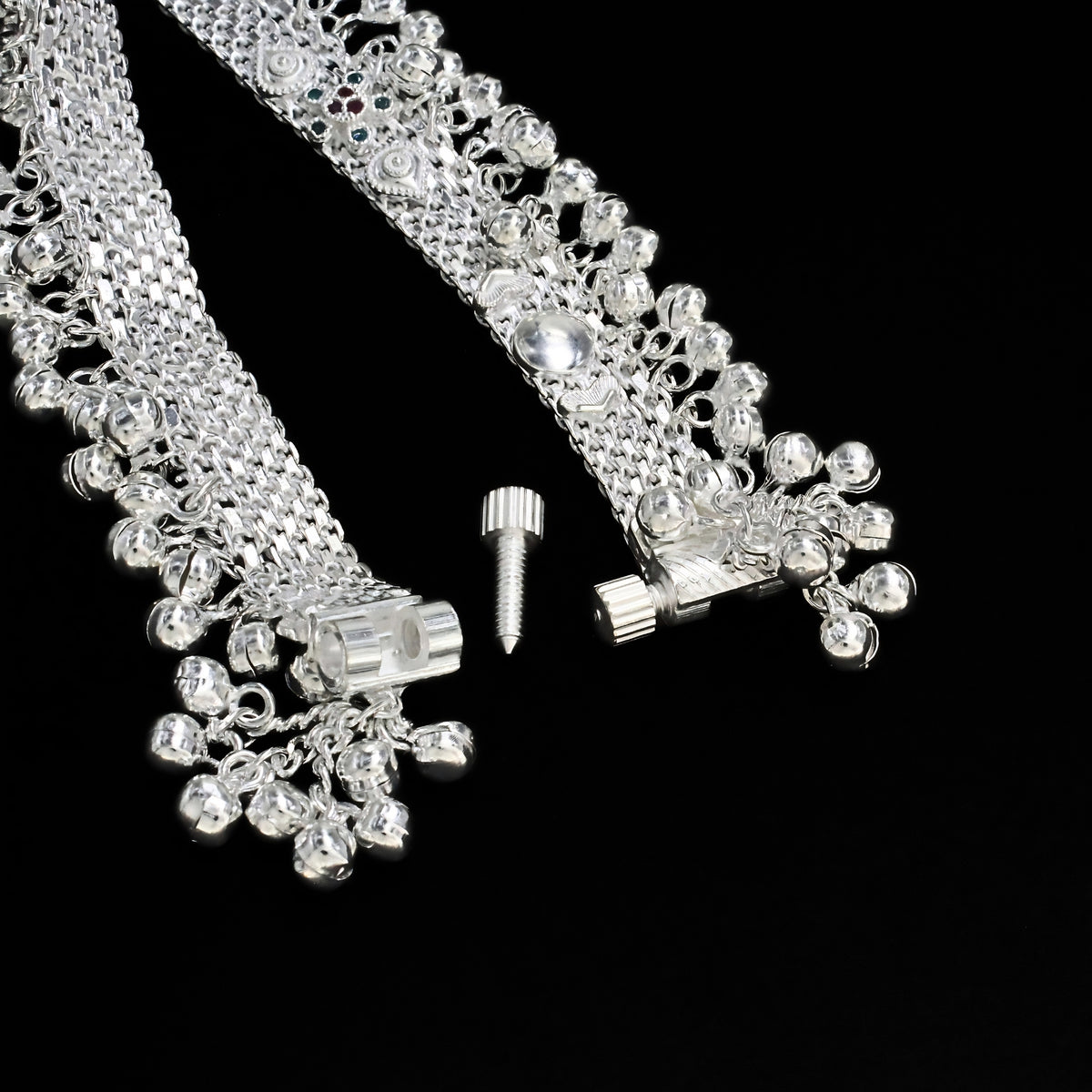 Real Silver Blue Pink CZ Women Bridal Heavy Ghungroo Pajeb Anklet – Pair
