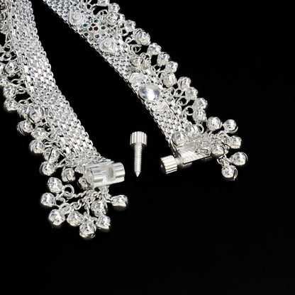 Real Silver Blue Pink CZ Women Bridal Heavy Ghungroo Pajeb Anklet – Pair